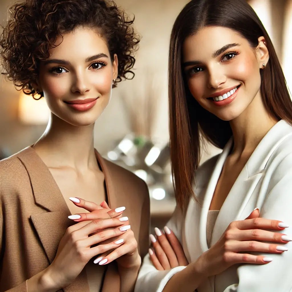 DALL·E 2025-01-16 15.29.12 - A warm and professional portrait of two nail salon owners, Ani and Hannah, smiling together. They have distinct appearances, one with short curly hair